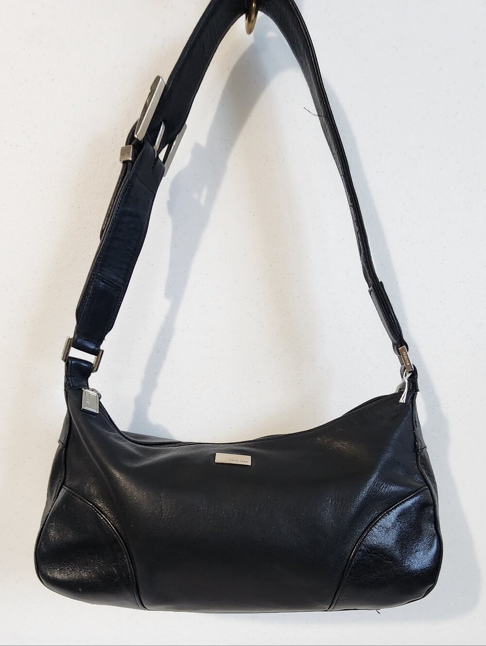 Perlina Black Leather Shoulder Bag with Adjustable Strap